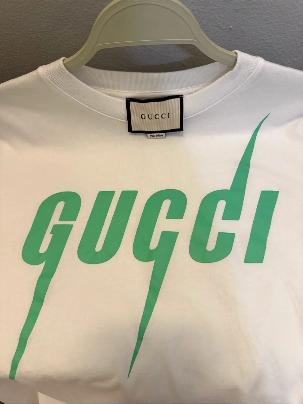 Gucci White Tee with Green Lightning Logo